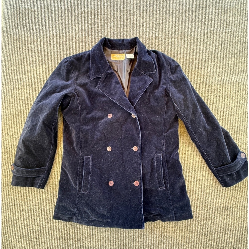 Liz Claiborne Lizwear Navy Blue Velvet Double Breasted Blazer Jacket Size 12